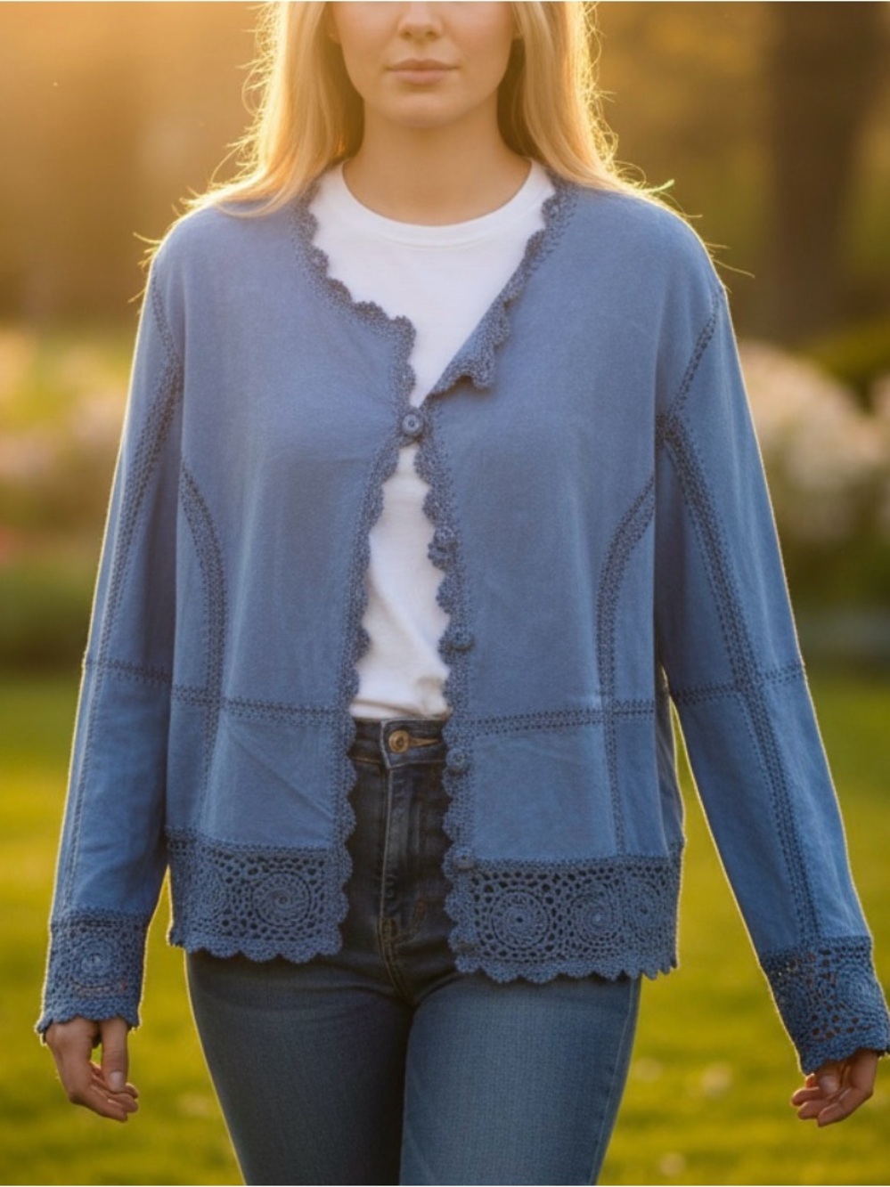 Essentials Dusty Blue Crochet-Trim Cardigan